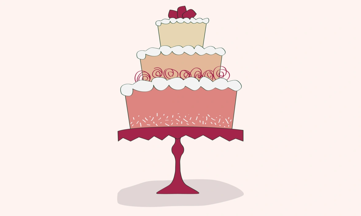 Hand-drawn illustration of a 3 tier cake with fruit and cream on a cake stand