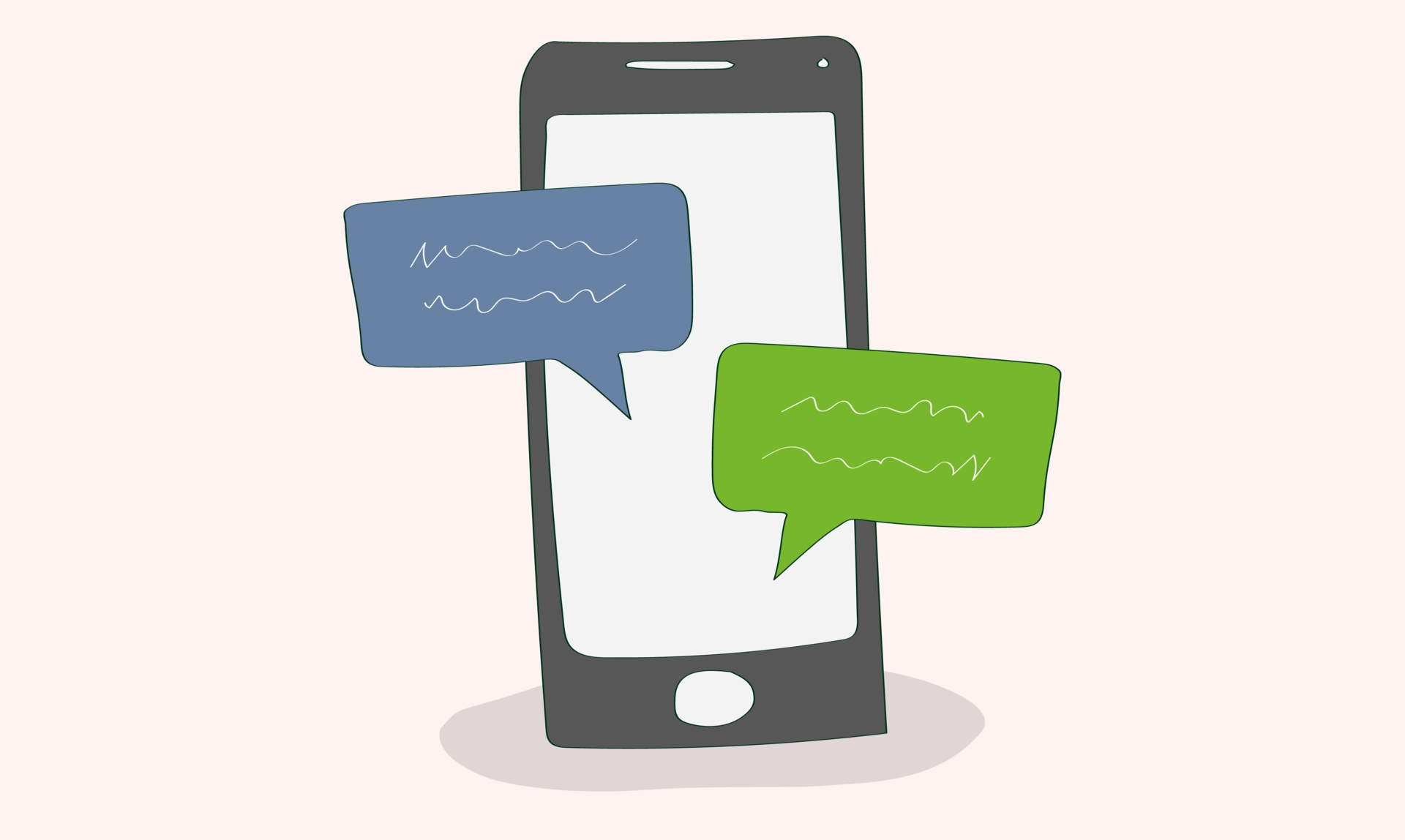 Hand-drawn illustration of a mobile phone with chat bubbles coming out of it