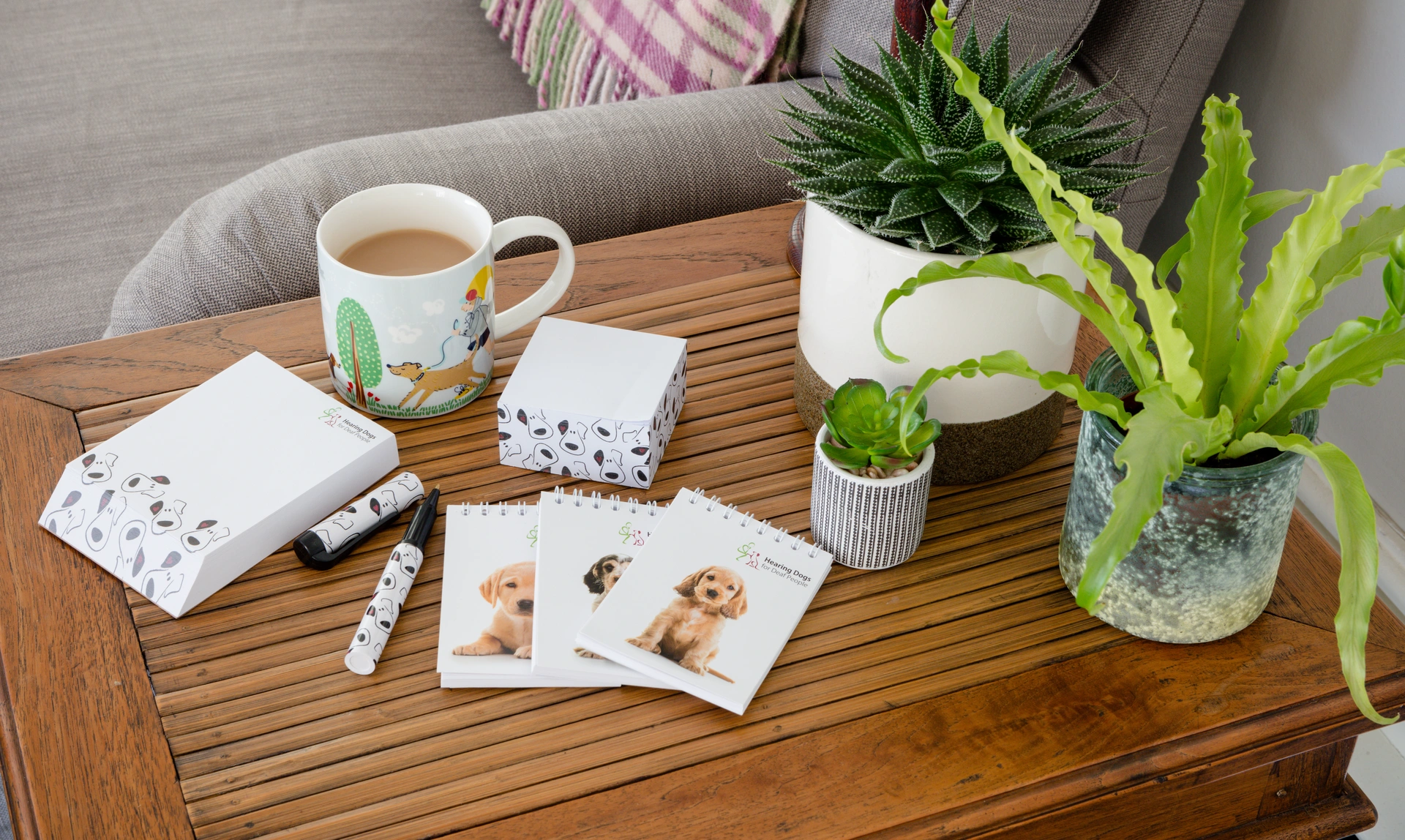 A notepad, pen, and sticky notes with a puppy face design on a table surrounded by pot plants and a mug of tea