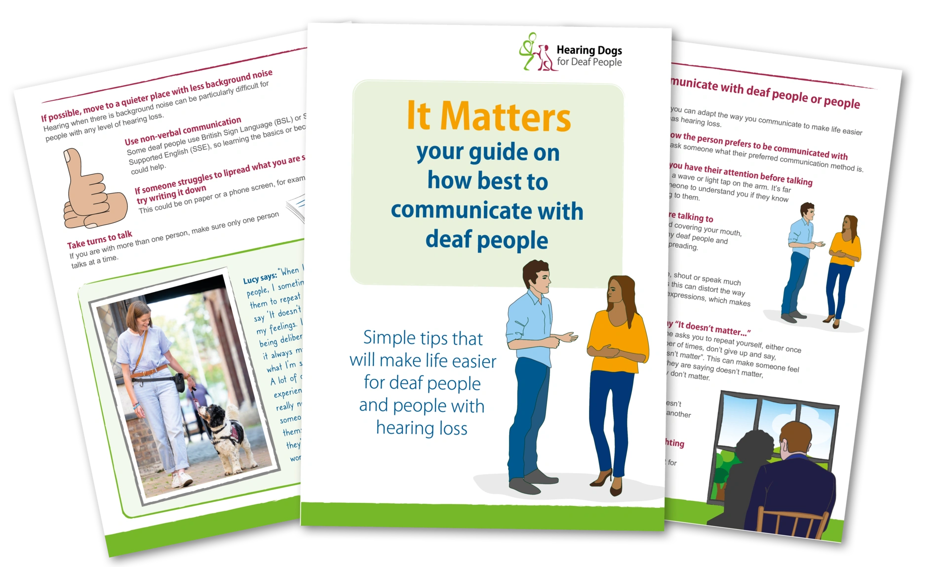 Three pages from the downloadable It Matters guide fanned out which show useful information and colourful illustrations