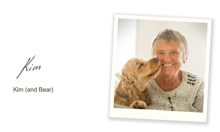 A polaroid style photo of Kim and Bear on the right, with Kim's signature on the left