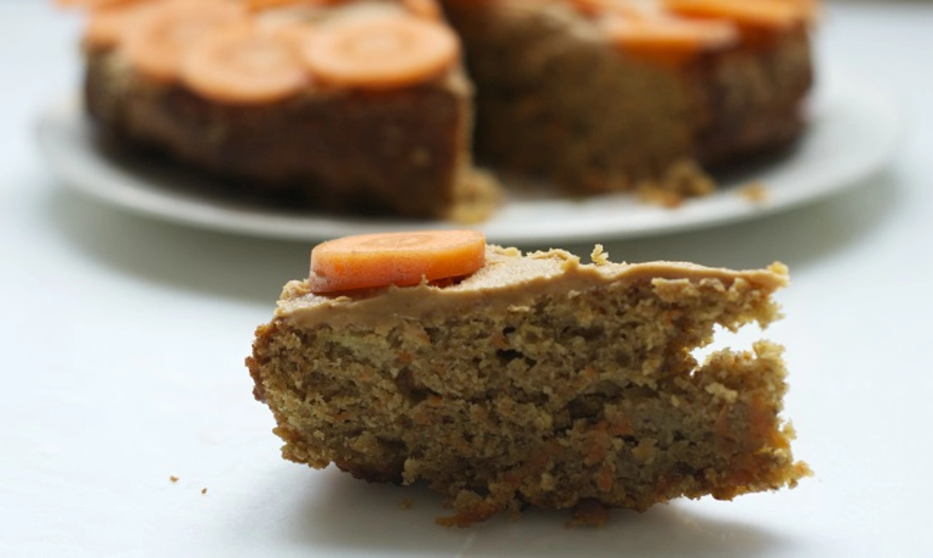 A piece of dog birthday cake with carrots on top 