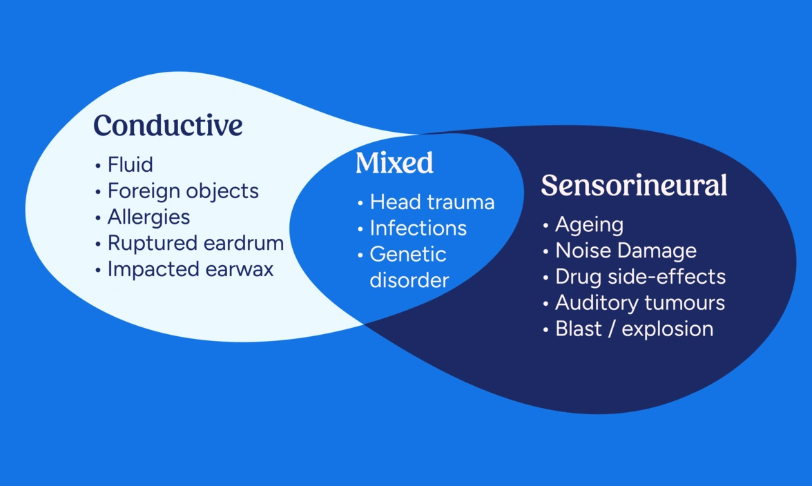 Venn diagram of different causes of hearing loss under three categories: conductive sensorineural and mixed.