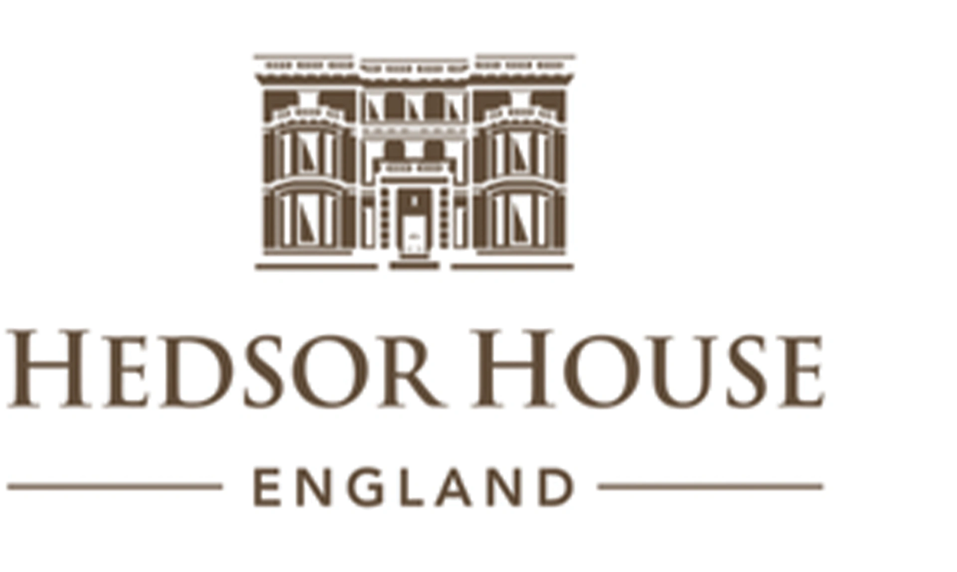 Logo line drawing of a grand three story house with the words Hedsor House England underneath