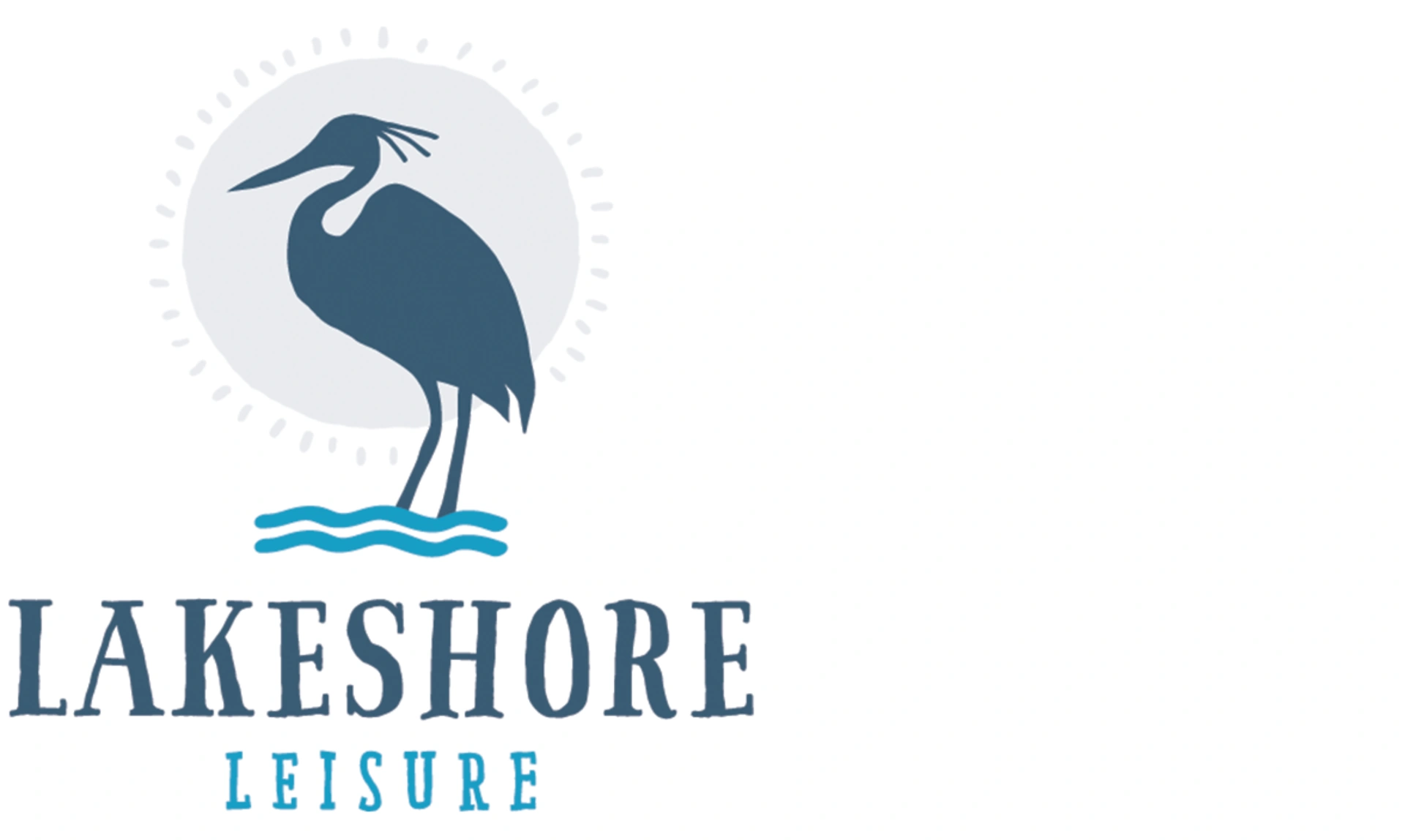 Logo with words that say Lakeshore Leisure below a silhouette of a stork with a sun behind it and waves at its feet