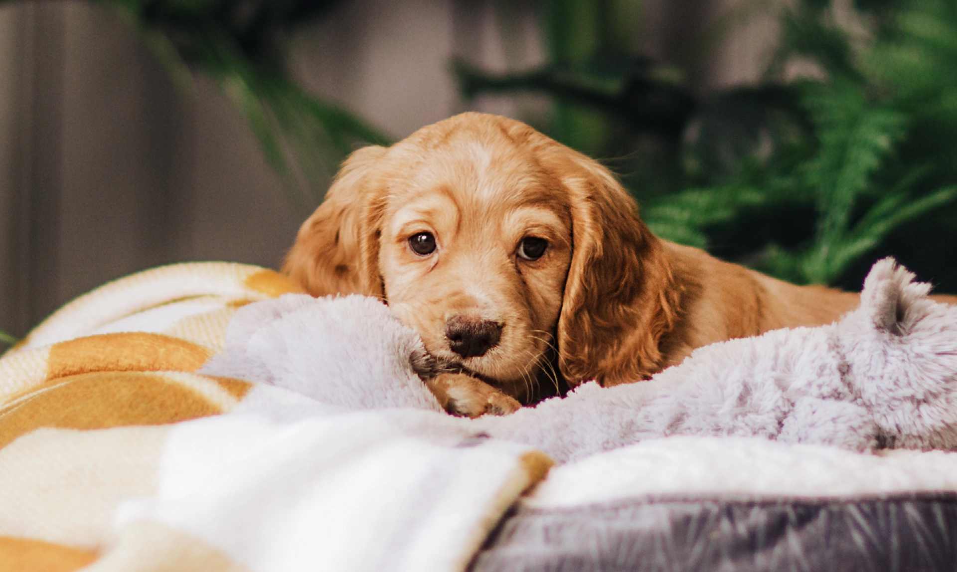 Golden Cocker Spaniel puppy relaxing in bed