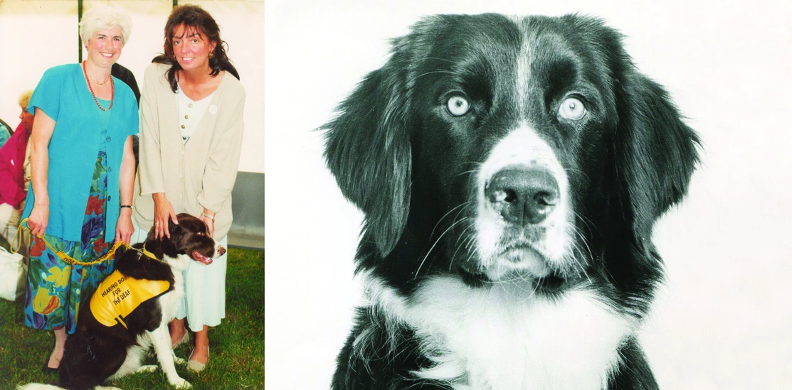 two women with hearing dog Spring on the left and black and white picture of hearing dog Spring on the right