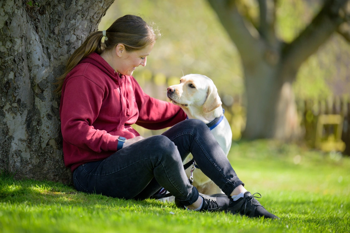 A female Hearing Dogs trainer in a burgundy branded hooded top is sat against a tree on some grass in sunshine looking at a yellow Labrador sat calmly beside her