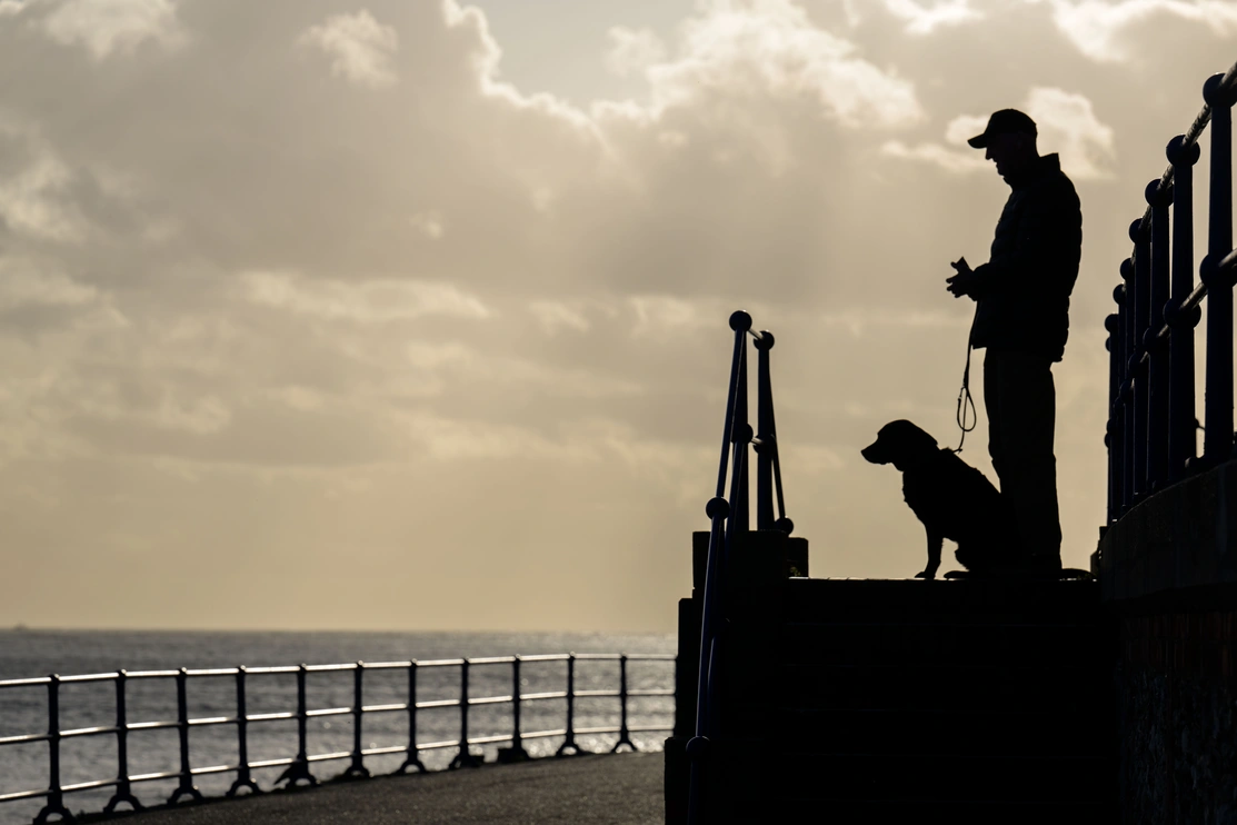 A siloutte of Deryck and hearing dog Elroy standing on the pier of a beach