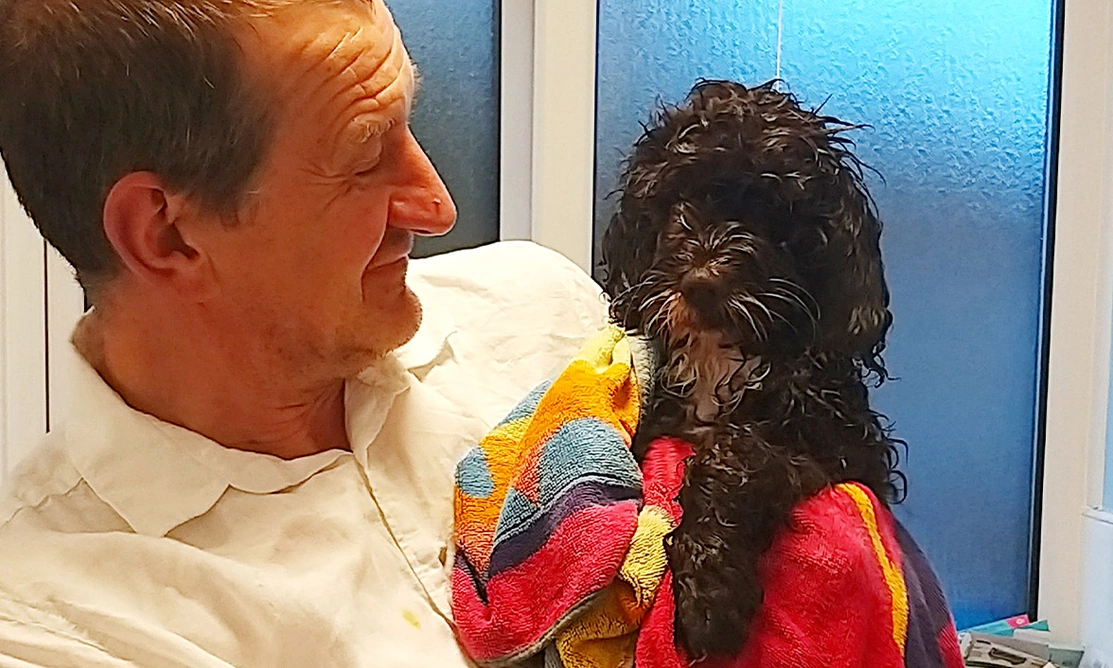 Brown Cockapoo puppy wrapped in a towel being held by a man
