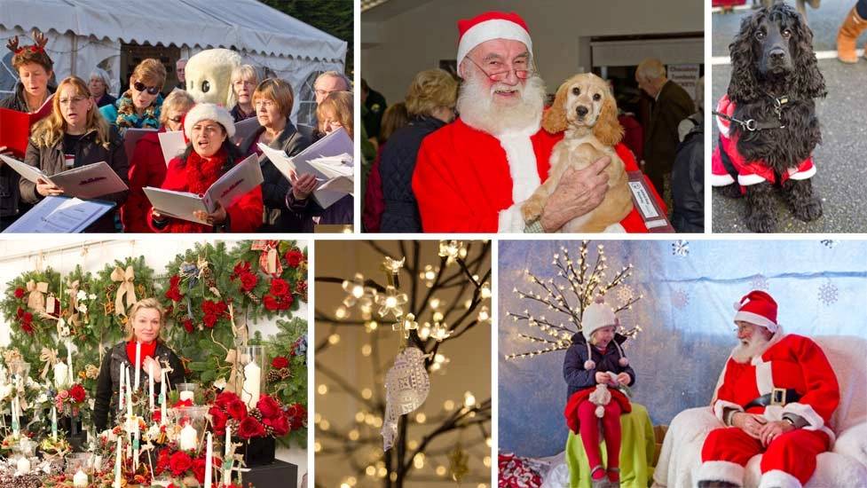 Montage image of Christmas scenes at the market, with carol singers and santa holding a dog
