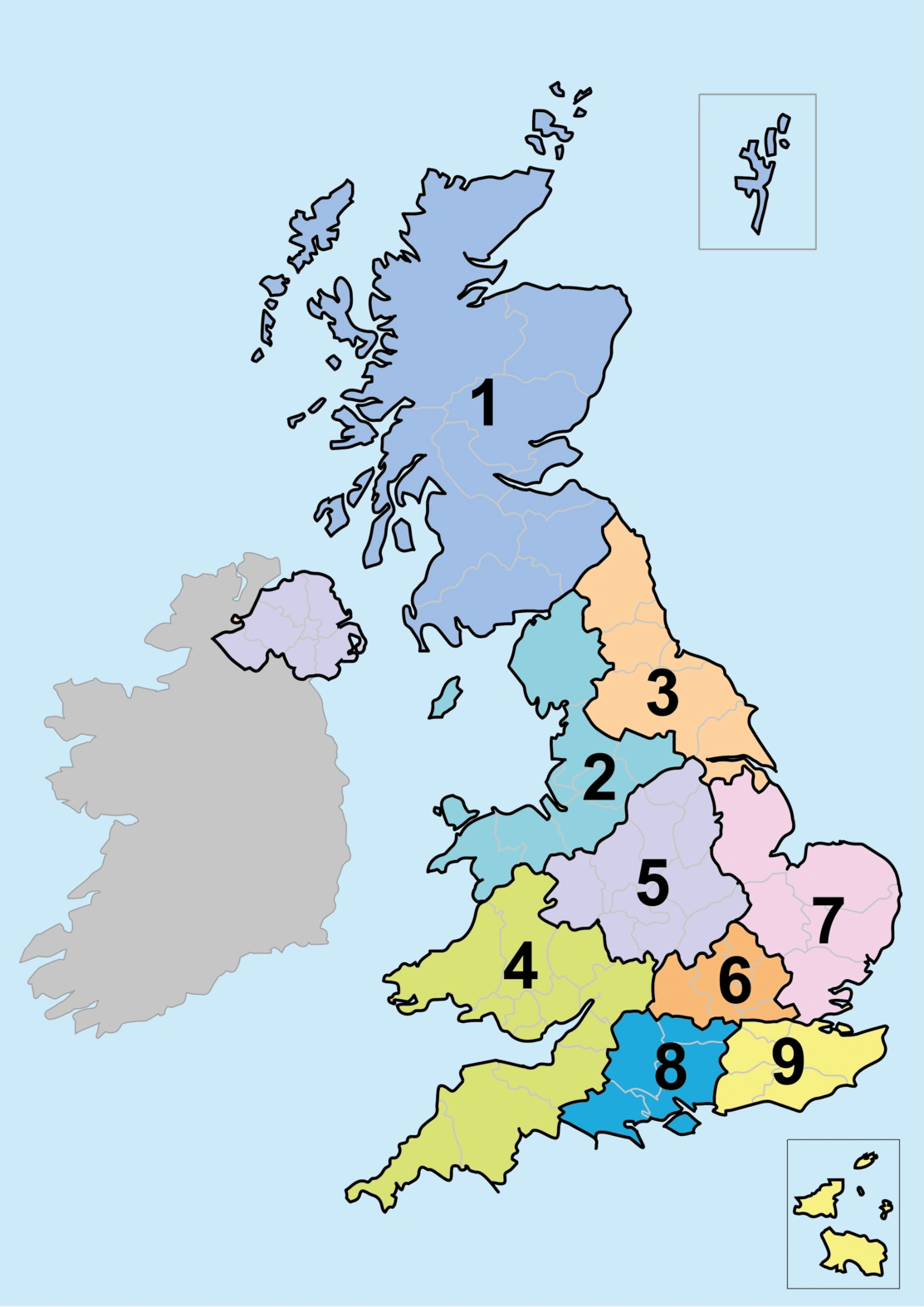 Map of the UK and Ireland showing different areas in different colours with numbers next to them corresponding to the information on the page