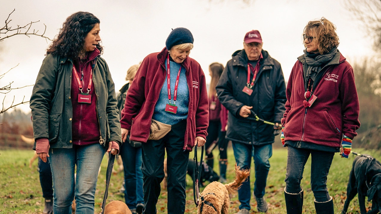 A group three women and one man, different age groups but all wearing hearing dogs jackets and id badges. They are walking dogs in a field. 