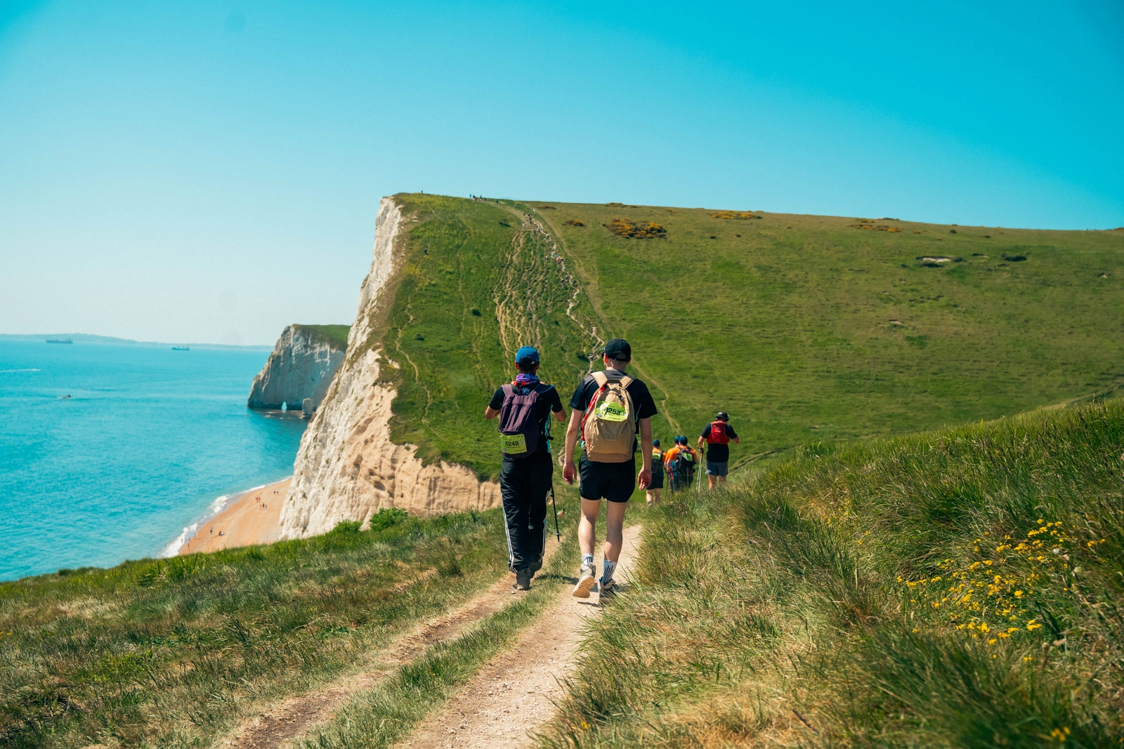 A small group of people walking along a stunning green coastal route on a sunny dat.