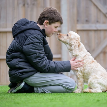 Aston and hearing dog Leighton sitting on grass in front of a tall wooden fence. Aston has dark brown short hair and is wearing a black coat, grey trousers and black trainers. He is sat on folded legs facing Leighton with one hand on Leightons shoulder. Leighton is a pale gold spaniel. He is sat facing Aston with his nose slightly outstretched. They are almost touching noses.